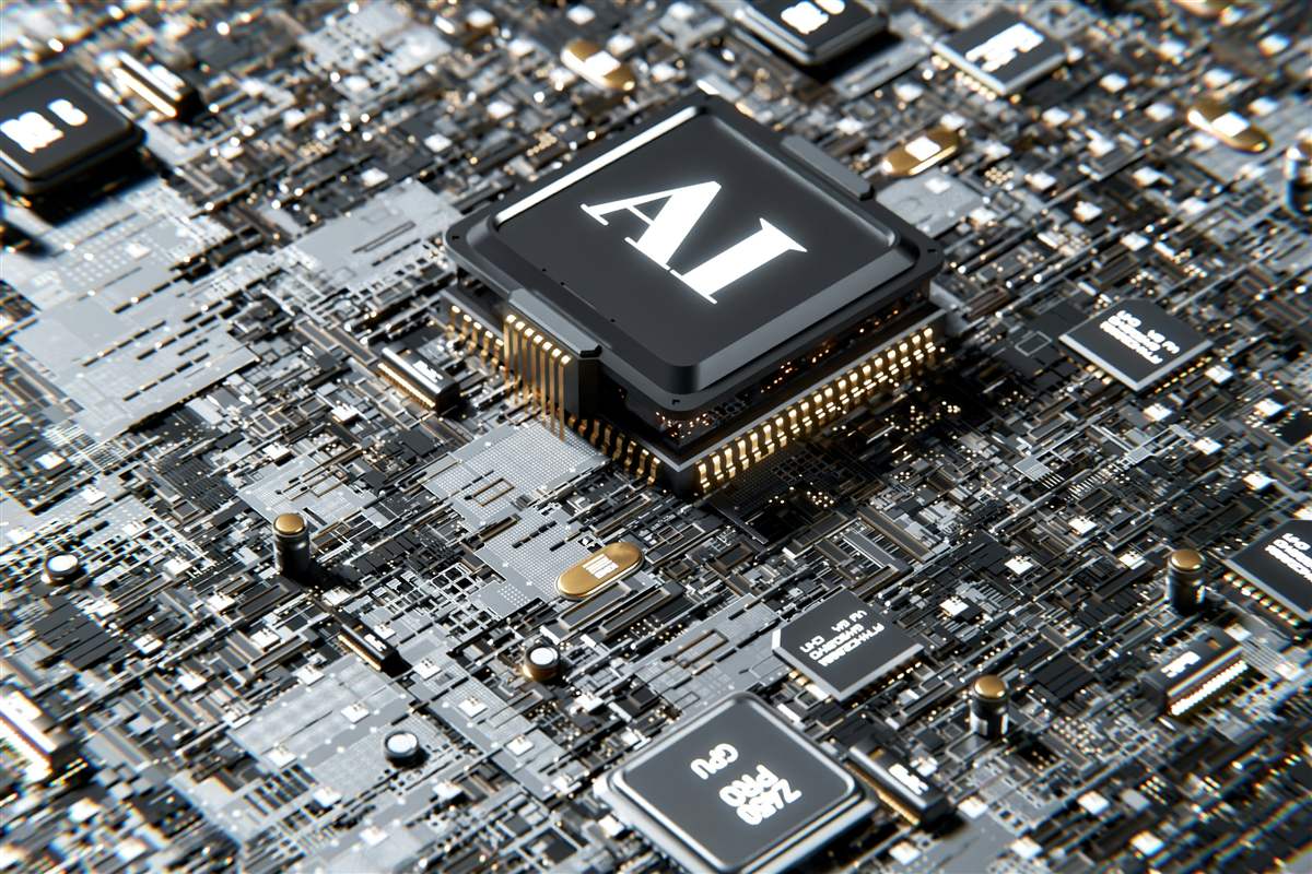 Close-up of a computer chip labelled AI on a circuit board