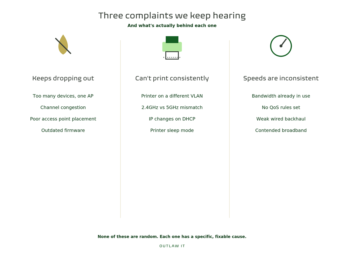 Three complaints we keep hearing: keeps dropping out, can't print consistently, and speeds are inconsistent, with common causes listed under each