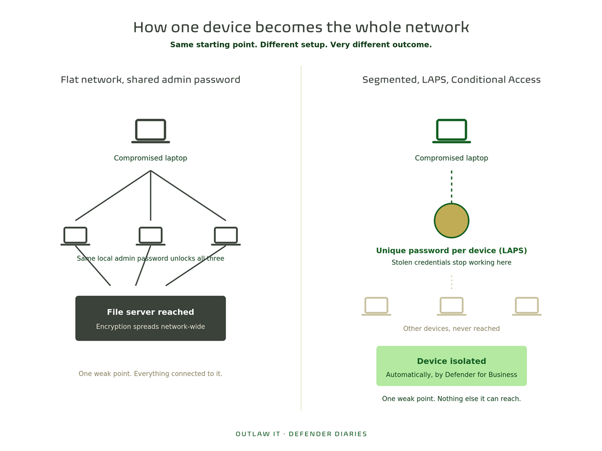 Comparison diagram showing a compromised laptop reaching the file server on a flat network with a shared admin password, versus the same laptop being isolated with nothing else reached on a segmented network using LAPS and Conditional Access